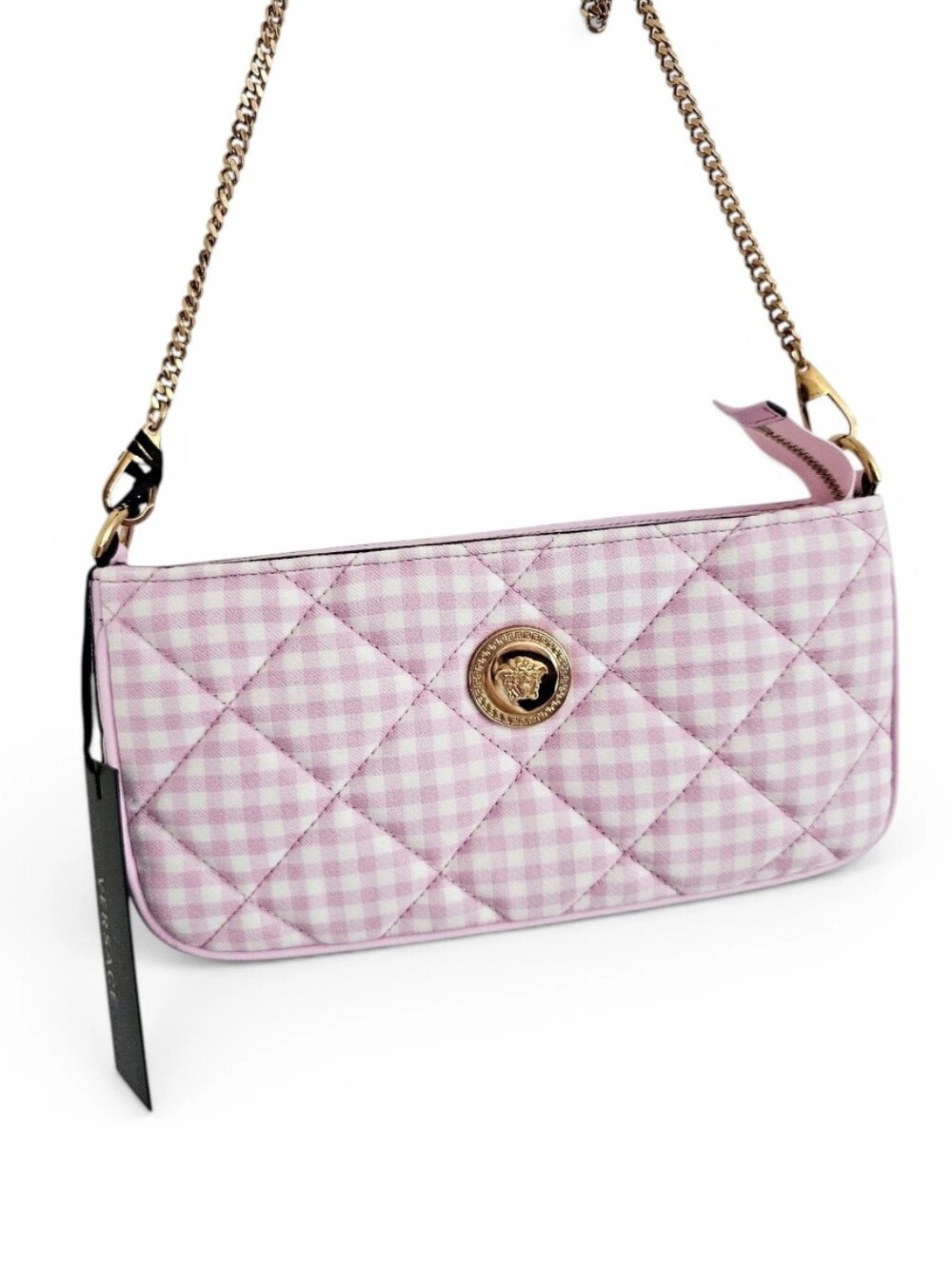 NWT Versace Pink Quilted Gingham Shoulder or Crossbody Bag with Gold Chain - Picture 2 of 16